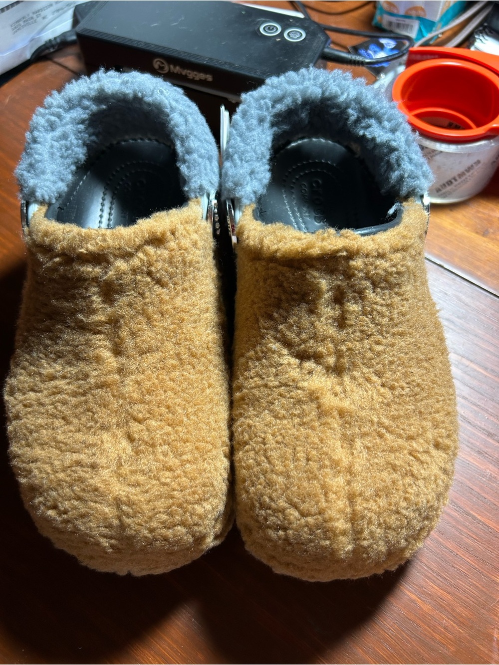 CROCS Women's Plush Lined Mule in Tan with Gray Collar